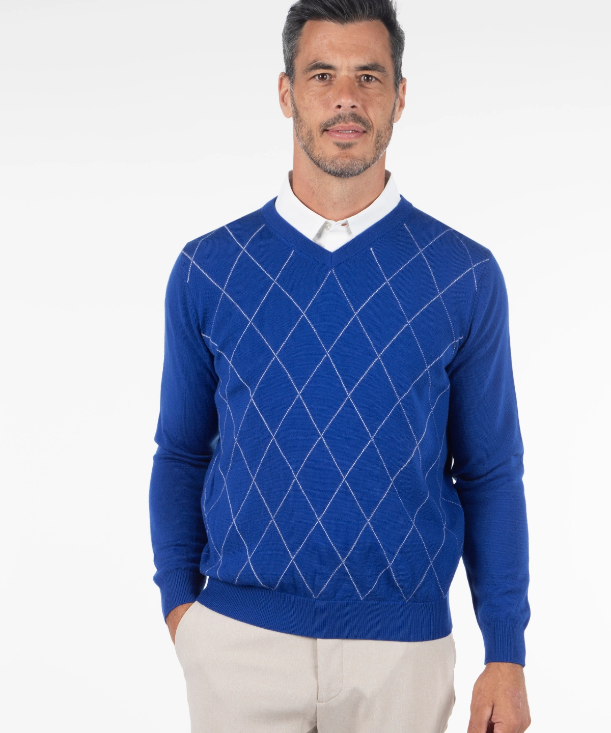 Microfiber Blend Signature Merino Argyle V-Neck Sweater