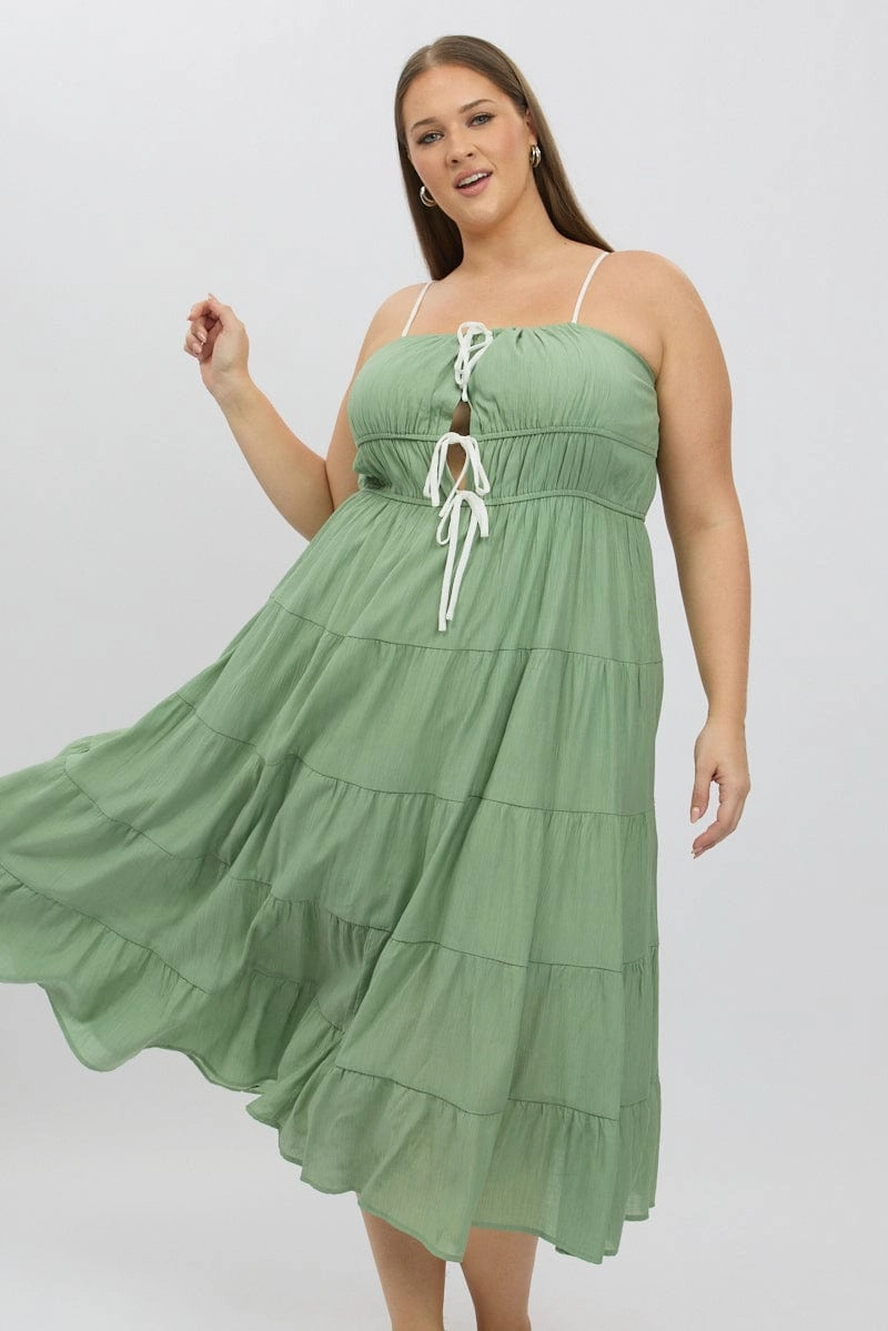 Green Midi Dress Sleeveless Contrast Ribbon Style Moment Peace View