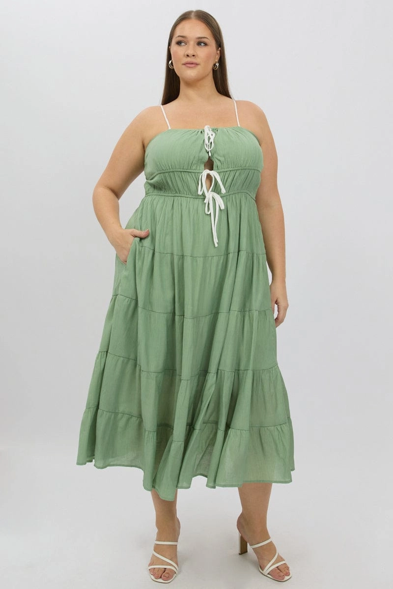 Guest Shine Green Midi Dress Sleeveless Contrast Ribbon