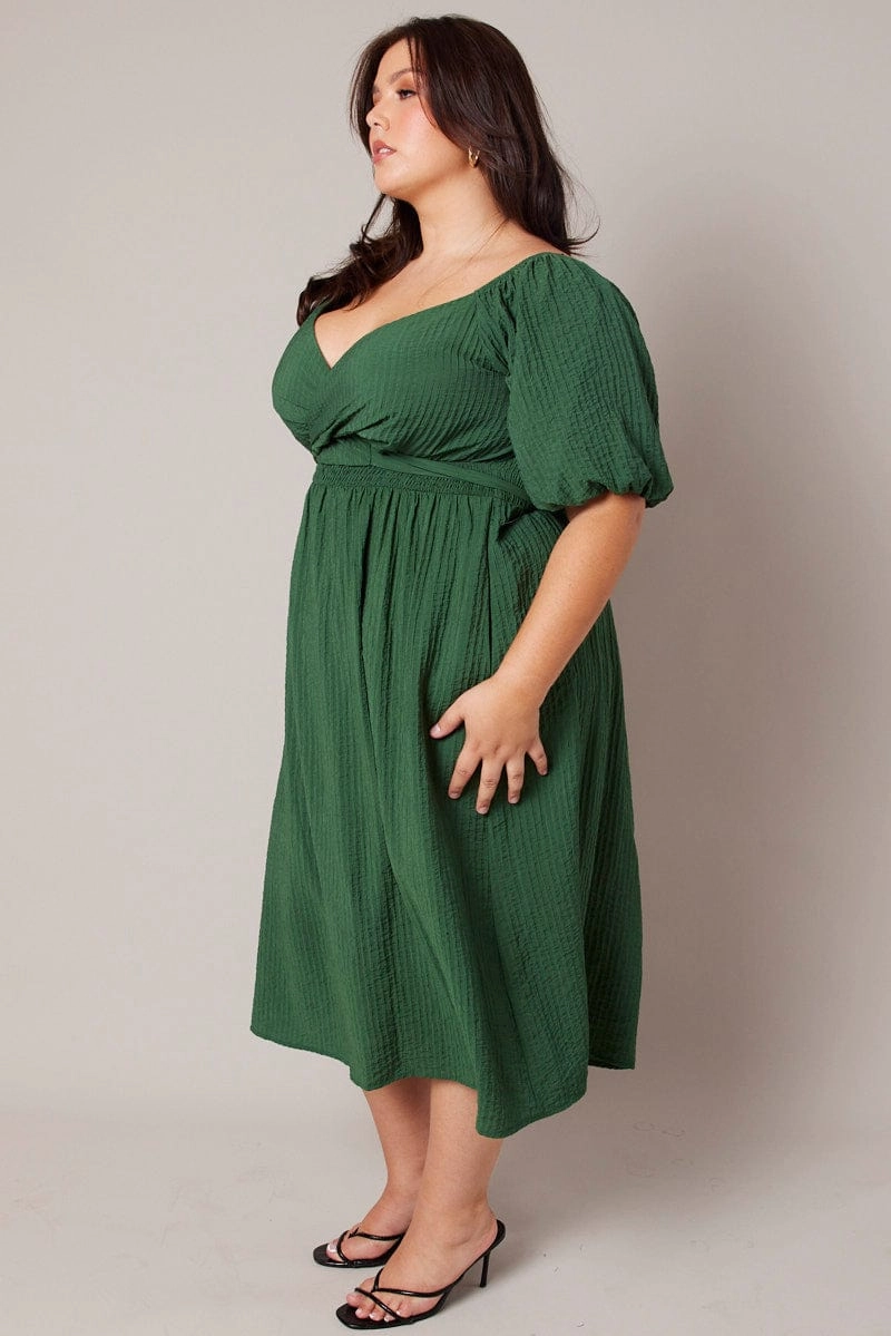 Green Midi Dress Textured Wrapover Elastic Waist Detail Silky Shine