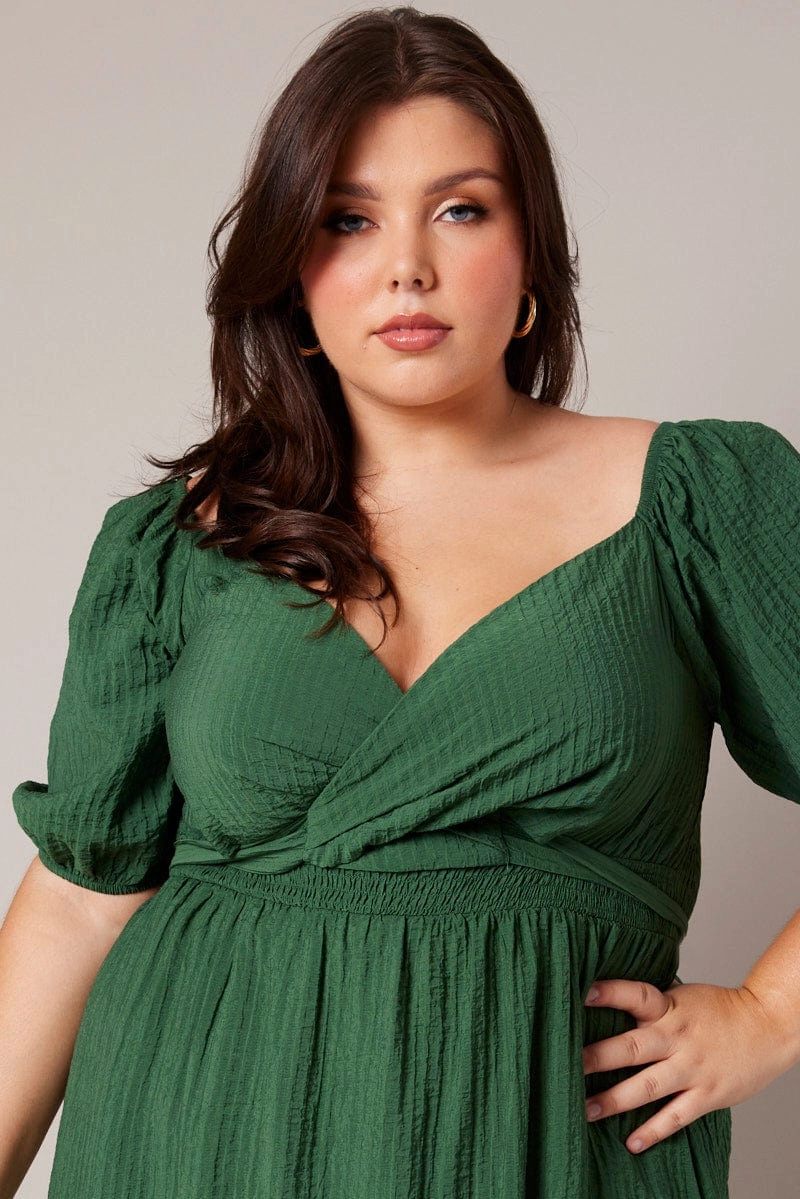 Green Midi Dress Textured Wrapover Elastic Waist Detail Luxe Comfort