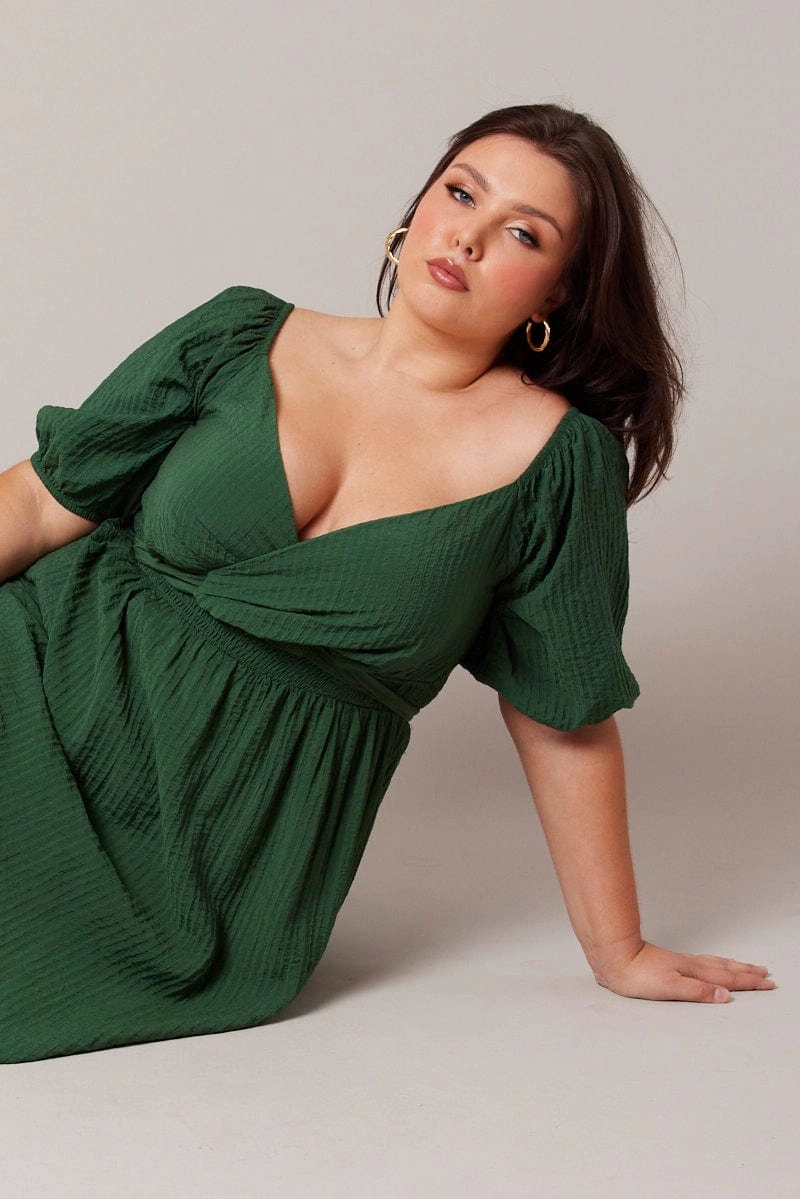 Simple formal dress Green Midi Dress Textured Wrapover Elastic Waist Detail