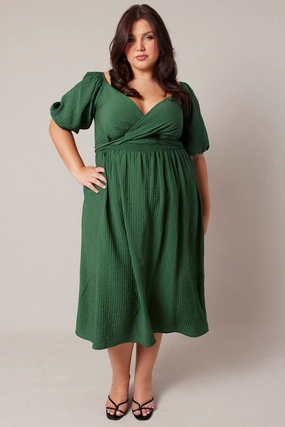 Cotton Touch Stylish Vibe Green Midi Dress Textured Wrapover Elastic Waist Detail