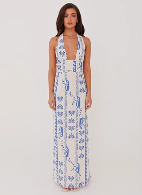 button detail Sky Linen Maxi Dress - Floral Wave