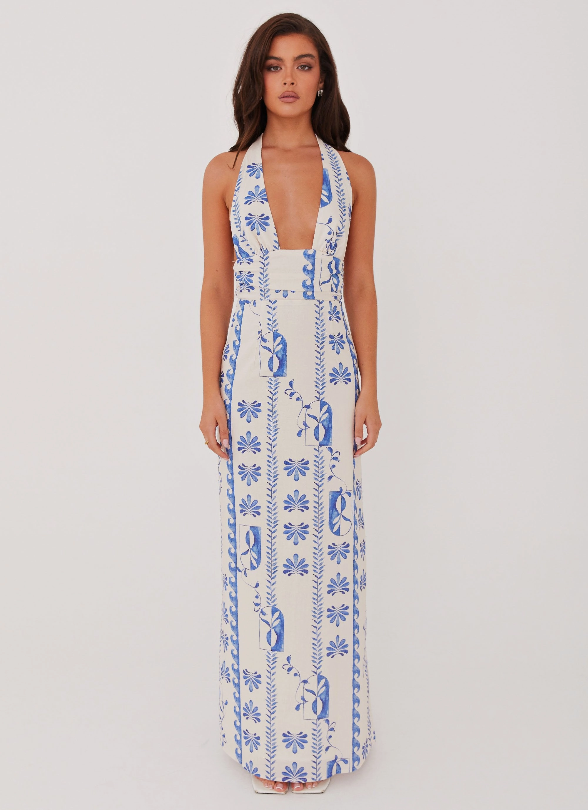 button detail Sky Linen Maxi Dress - Floral Wave
