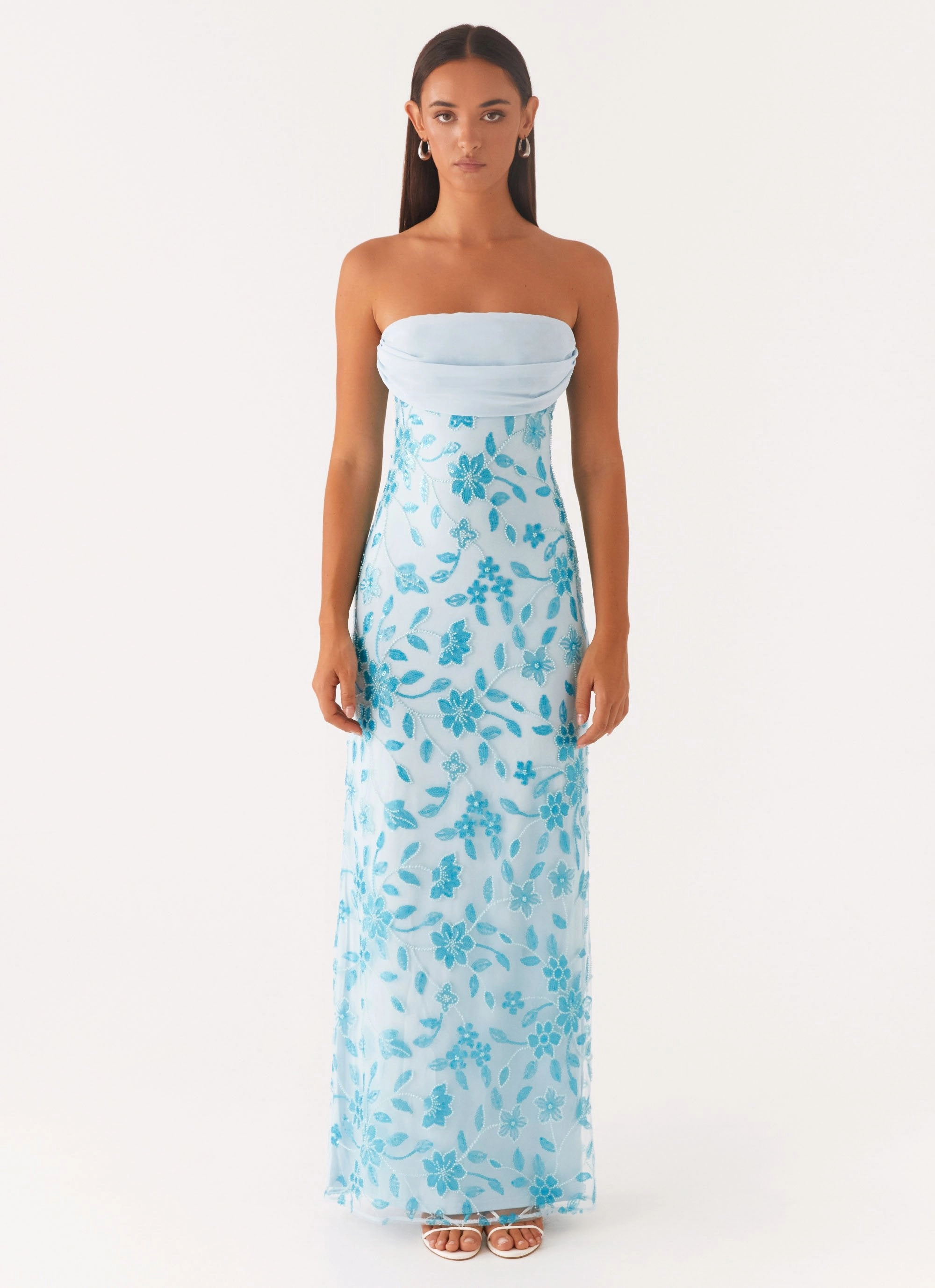 Prism Beaded Maxi Dress - Blue Soft Shine Simple Texture