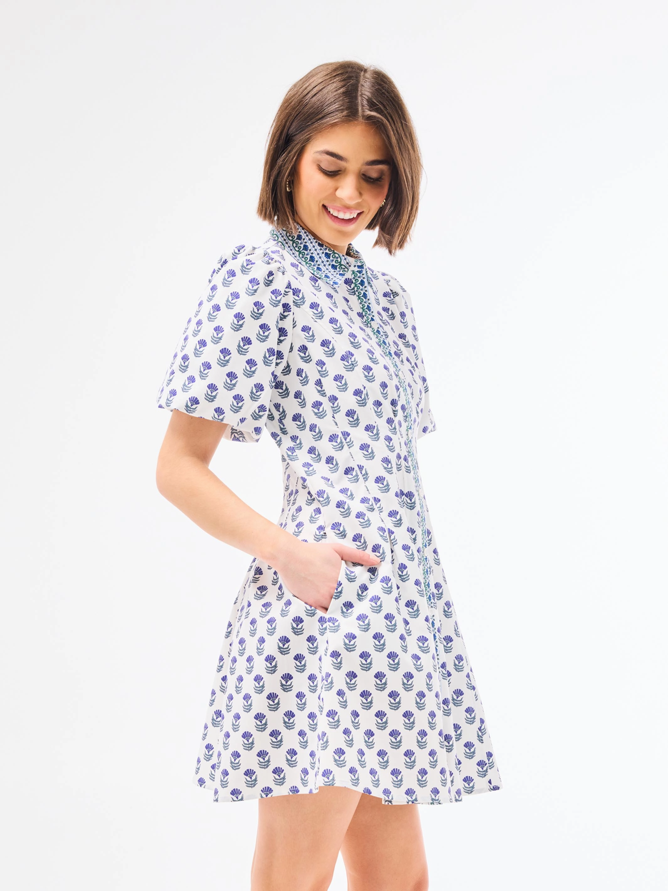 FINAL SALE - Rory Dress | Floral Foulard Navy budget-friendly Eco-Lining