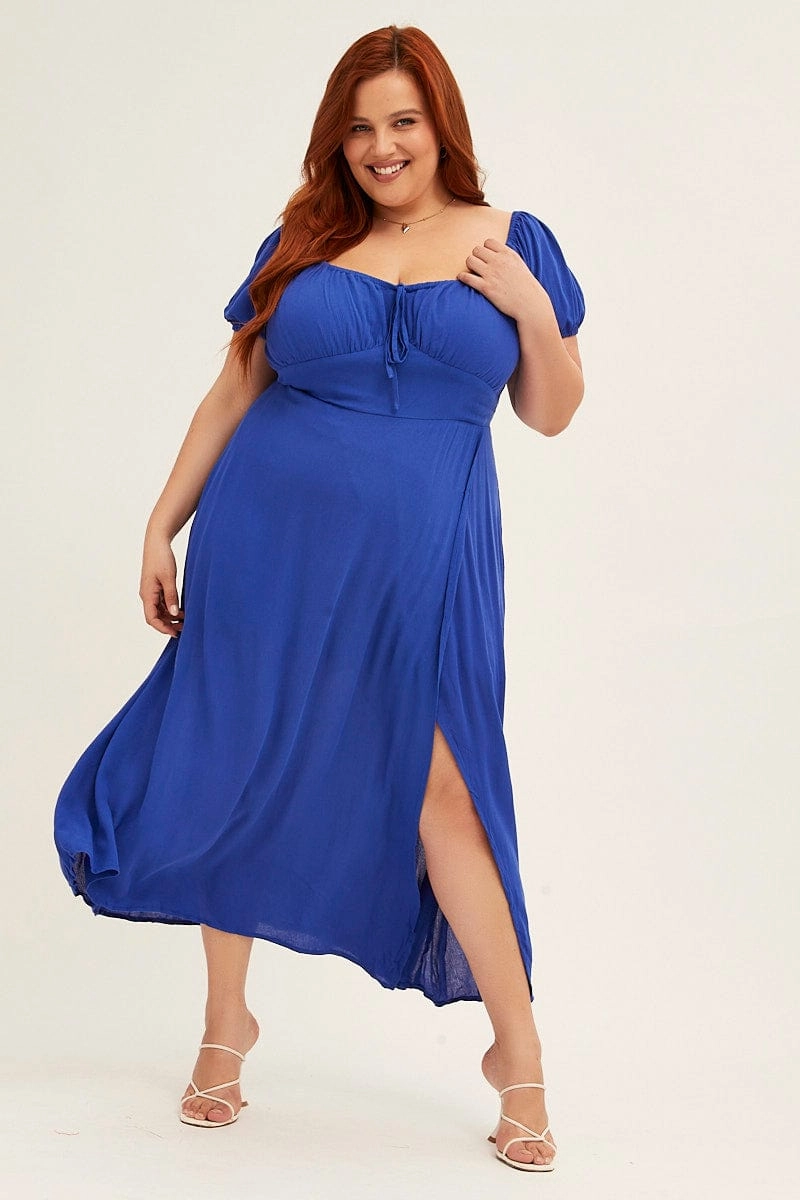 Easy Layering Azure Midi Dress Puff Sleeve With Split Crinkle Rayon