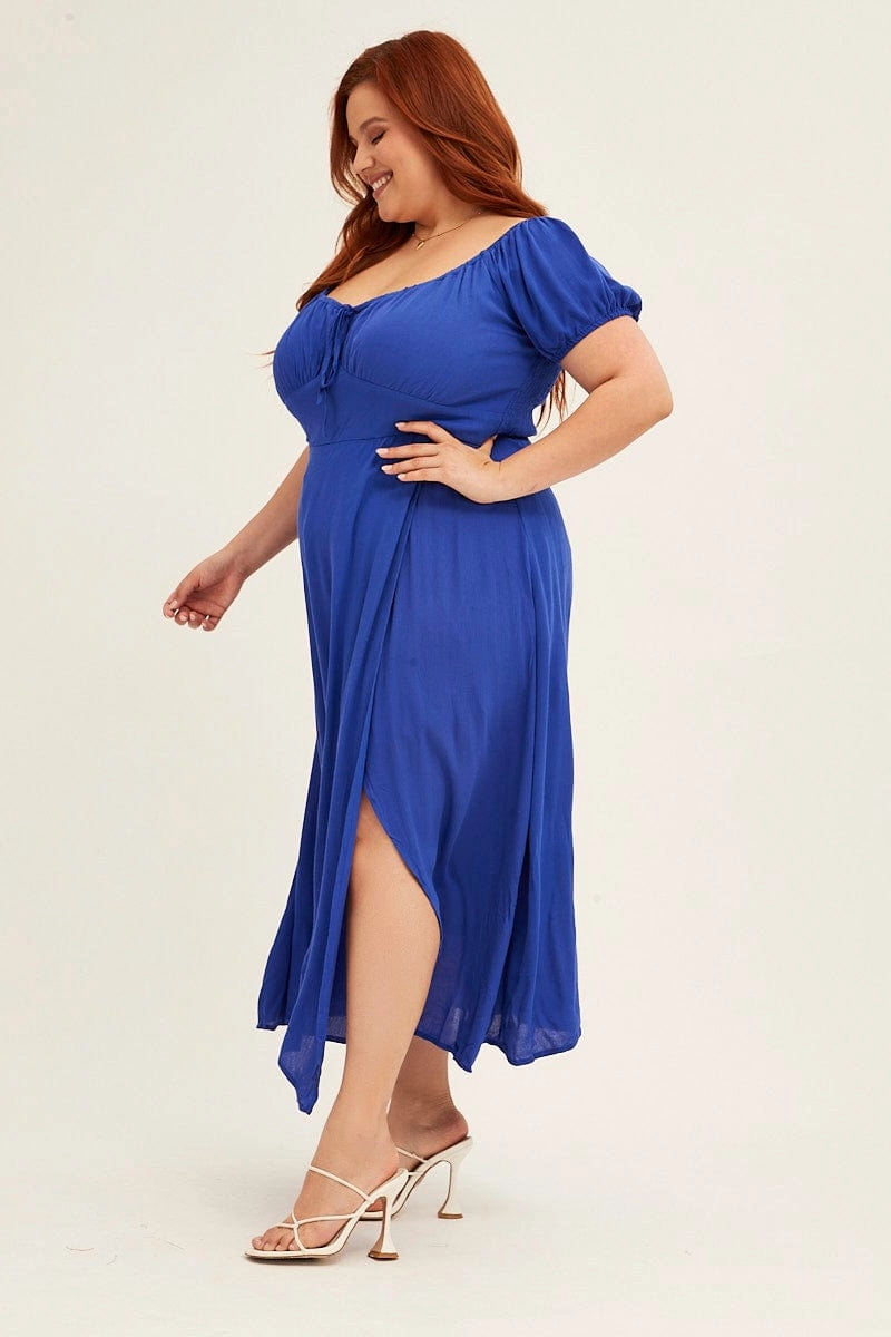 Azure Midi Dress Puff Sleeve With Split Crinkle Rayon Season Ready