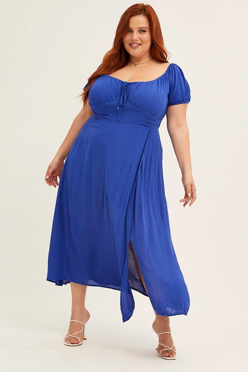 Glam Feel Azure Midi Dress Puff Sleeve With Split Crinkle Rayon