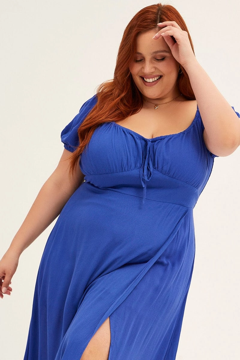 Azure Midi Dress Puff Sleeve With Split Crinkle Rayon Work Comfort