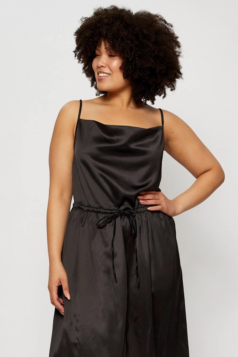 Weekend Ready Formal Choice Black Midi Satin Dress Cowl Neck Sleeveless