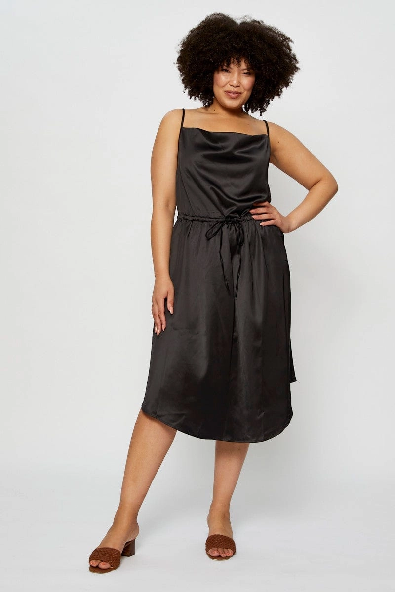 Matte-Lining Black Midi Satin Dress Cowl Neck Sleeveless