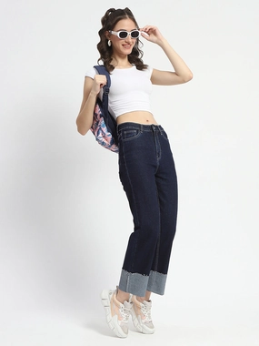 Madame Rolled Hem Straight Fit Solid Dark Blue Cotton Denim No Gap Waist Design Evening Stroll Athlete Fit