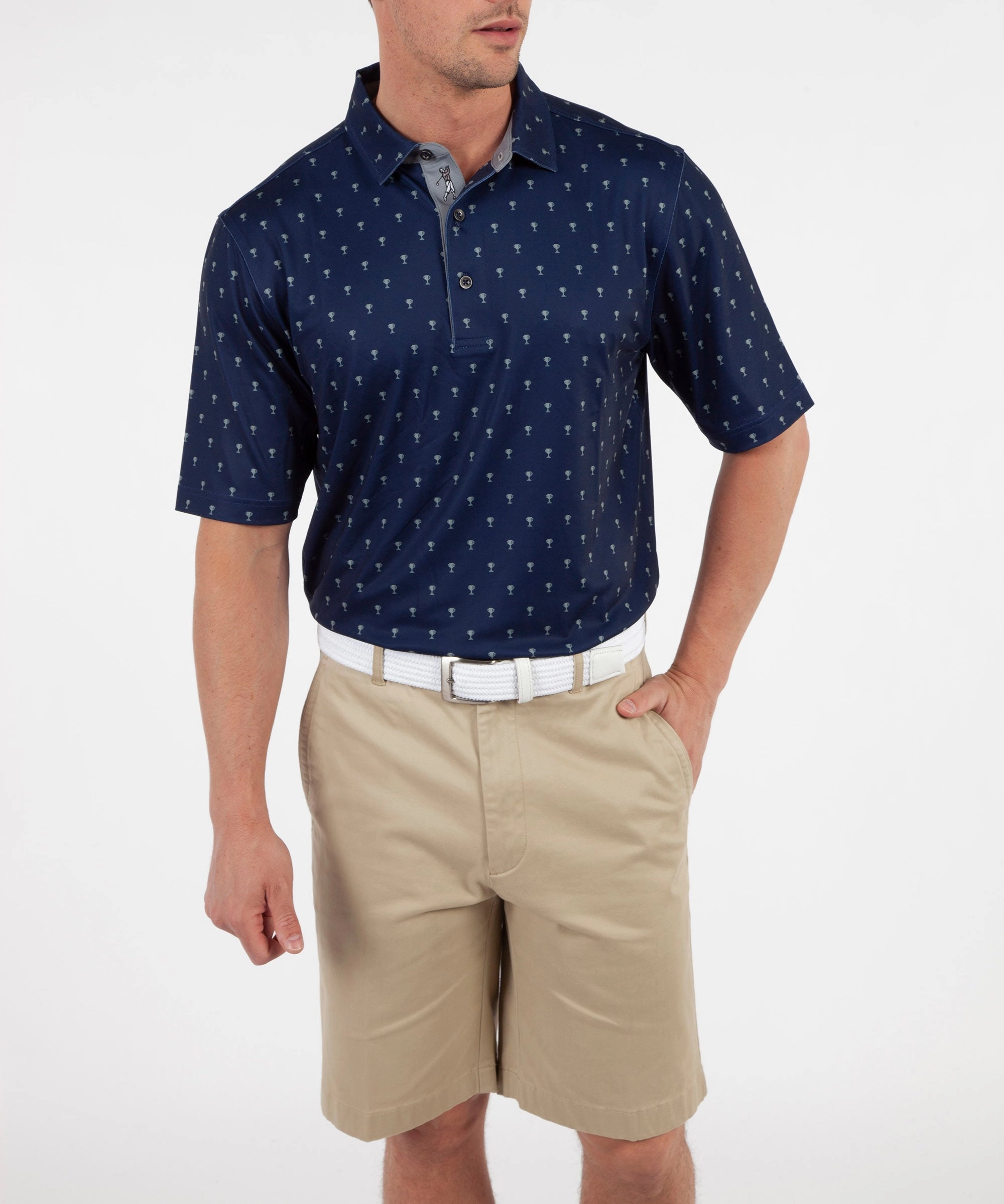 Layered Collar Structure Performance Trophy Print Short Sleeve Polo Shirt