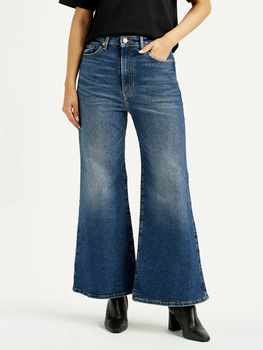 Day Wear Women's Blue Ribcage Bell Bottom Wide Leg Fit Mid Rise Jeans