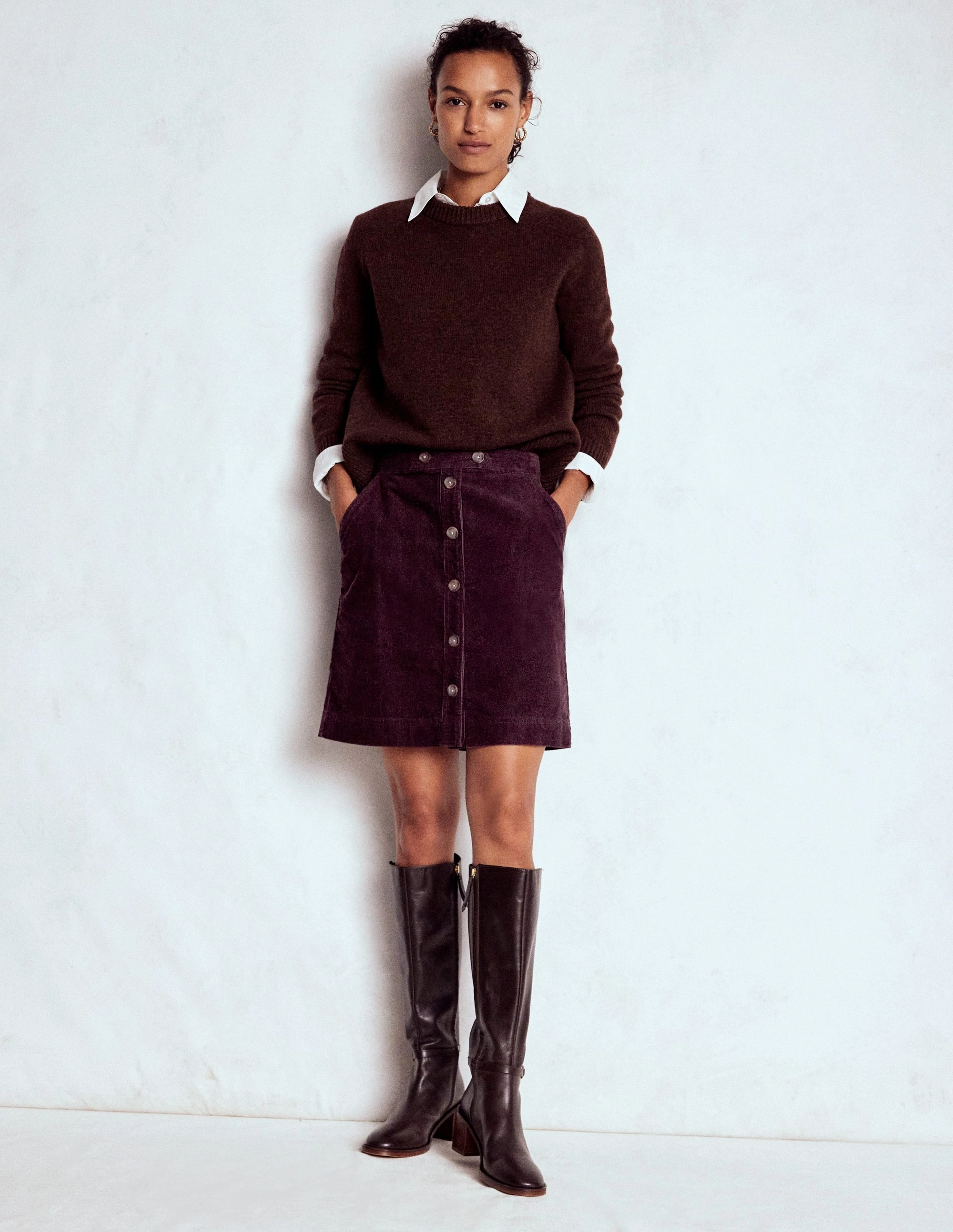 Cecelia Cord Skirt-Deep Aubergine Stretch Material Casual Wear