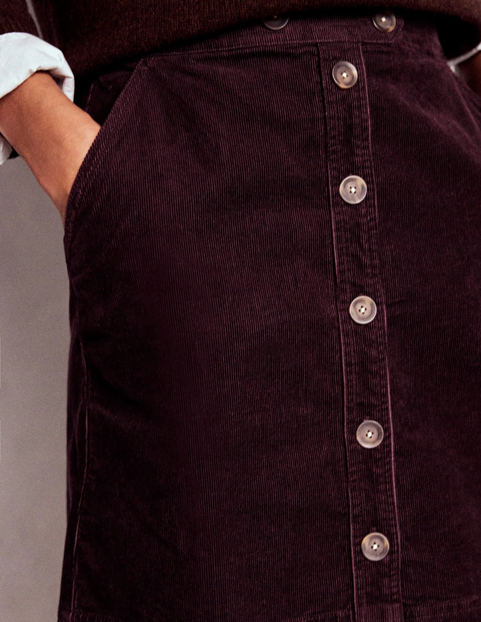 Cecelia Cord Skirt-Deep Aubergine Stretch Waist Hand Stitched