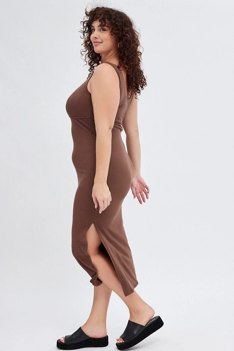 Brown Bodycon Dress Rib Jersey Sleeveless Midi Velvet-Sleeve