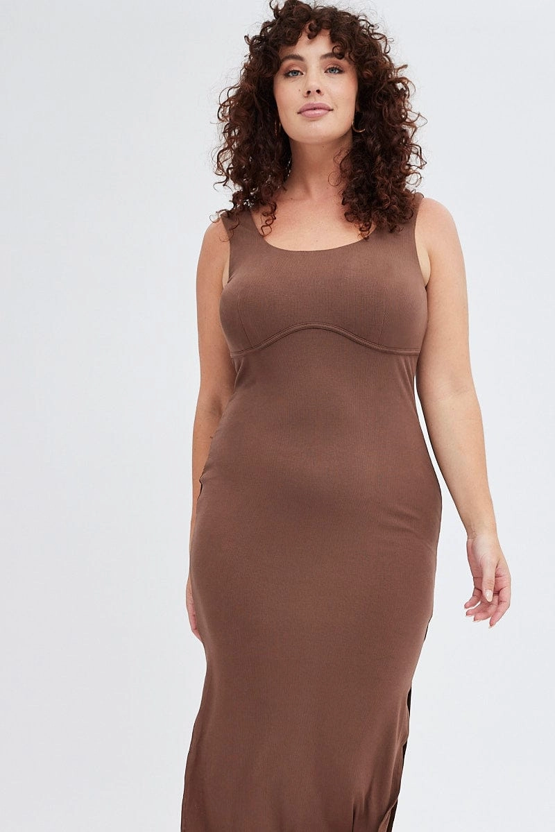 Unique Print Brown Bodycon Dress Rib Jersey Sleeveless Midi