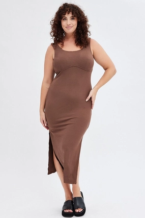 wrap waist Graceful Ease Brown Bodycon Dress Rib Jersey Sleeveless Midi