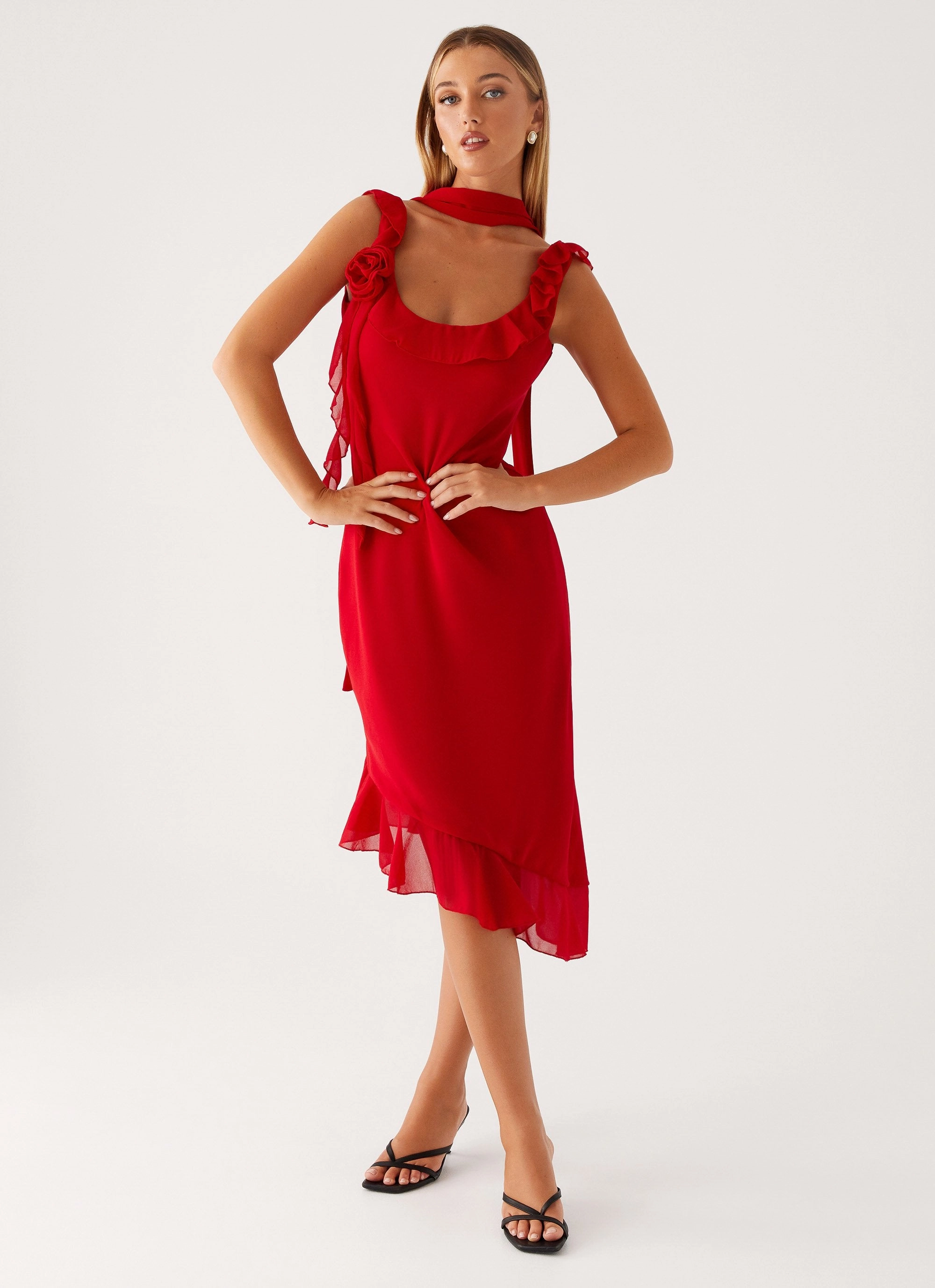 Fariday Midi Dress - Red Easy Vibe Stylish Waistband Design