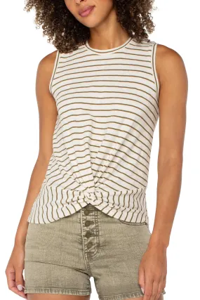 Stretch Fabric Technology Everyday Fashion Sleeveless Crew Neck Twist Front Top | Cream Olive Stripe All-Season Comfort