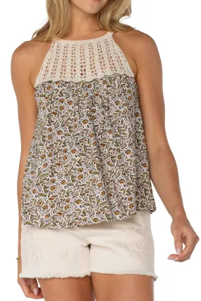 Edgy Stylish and Cozy Sleeveless Woven Halter w/ Crochet | Olive Leaf/Cream Abstract print