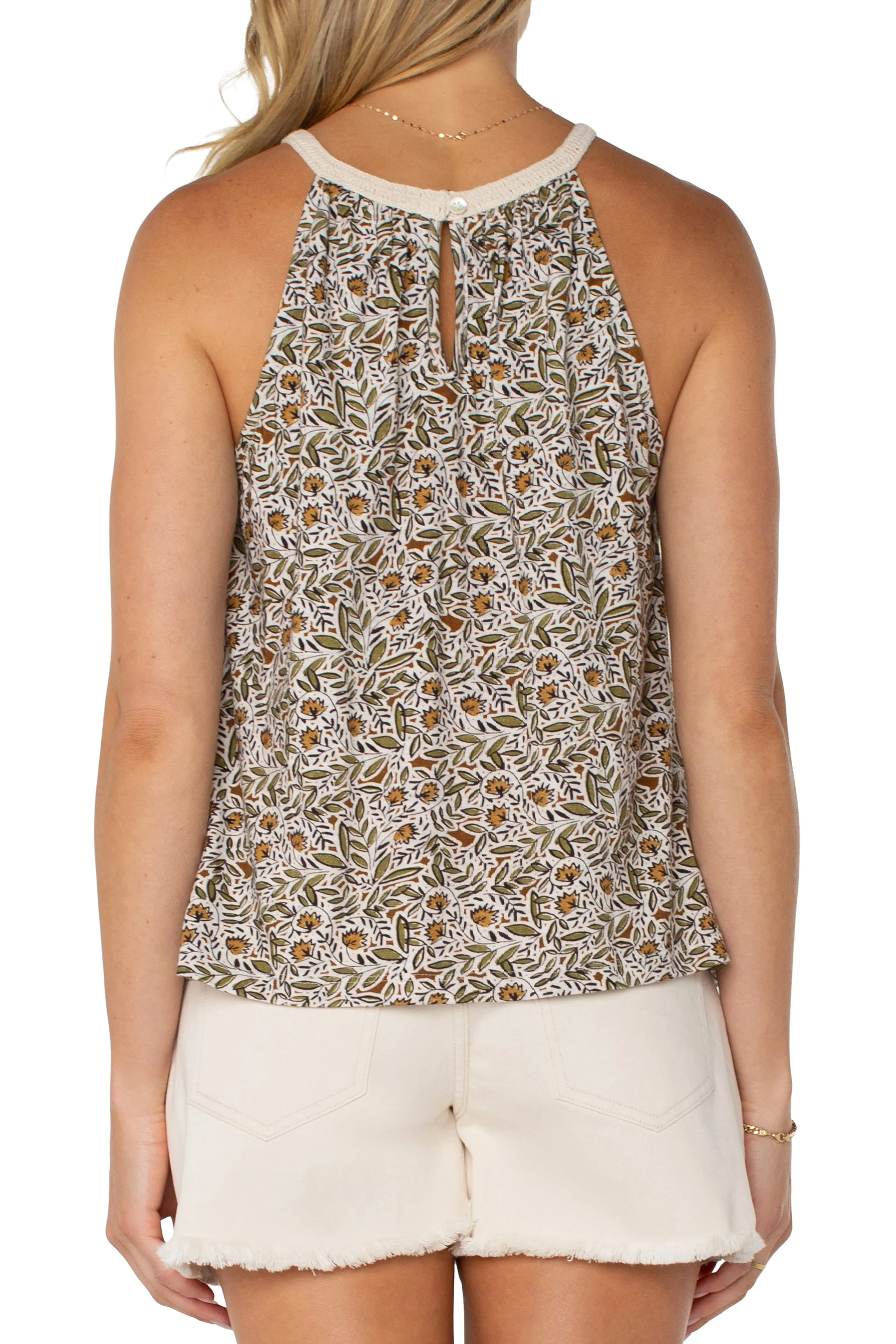 Sleeveless Woven Halter w/ Crochet | Olive Leaf/Cream Abstract print Simple and Cozy Moisture Wicking Fabric