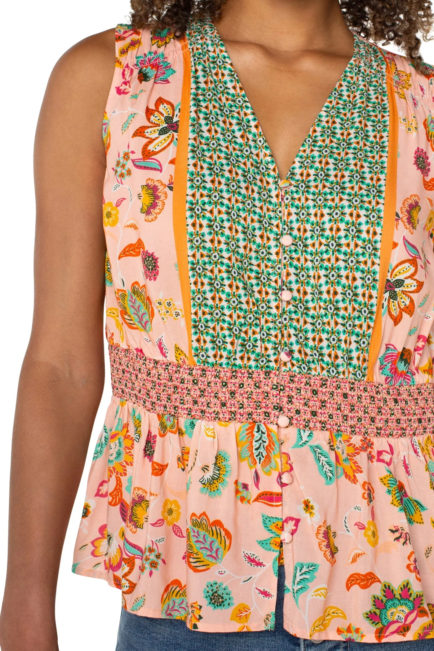 Minimal Comfort Wear Classic Trend Look Sleeveless Woven Top with Smocked Waist | Pink/Green Multi Chill Style