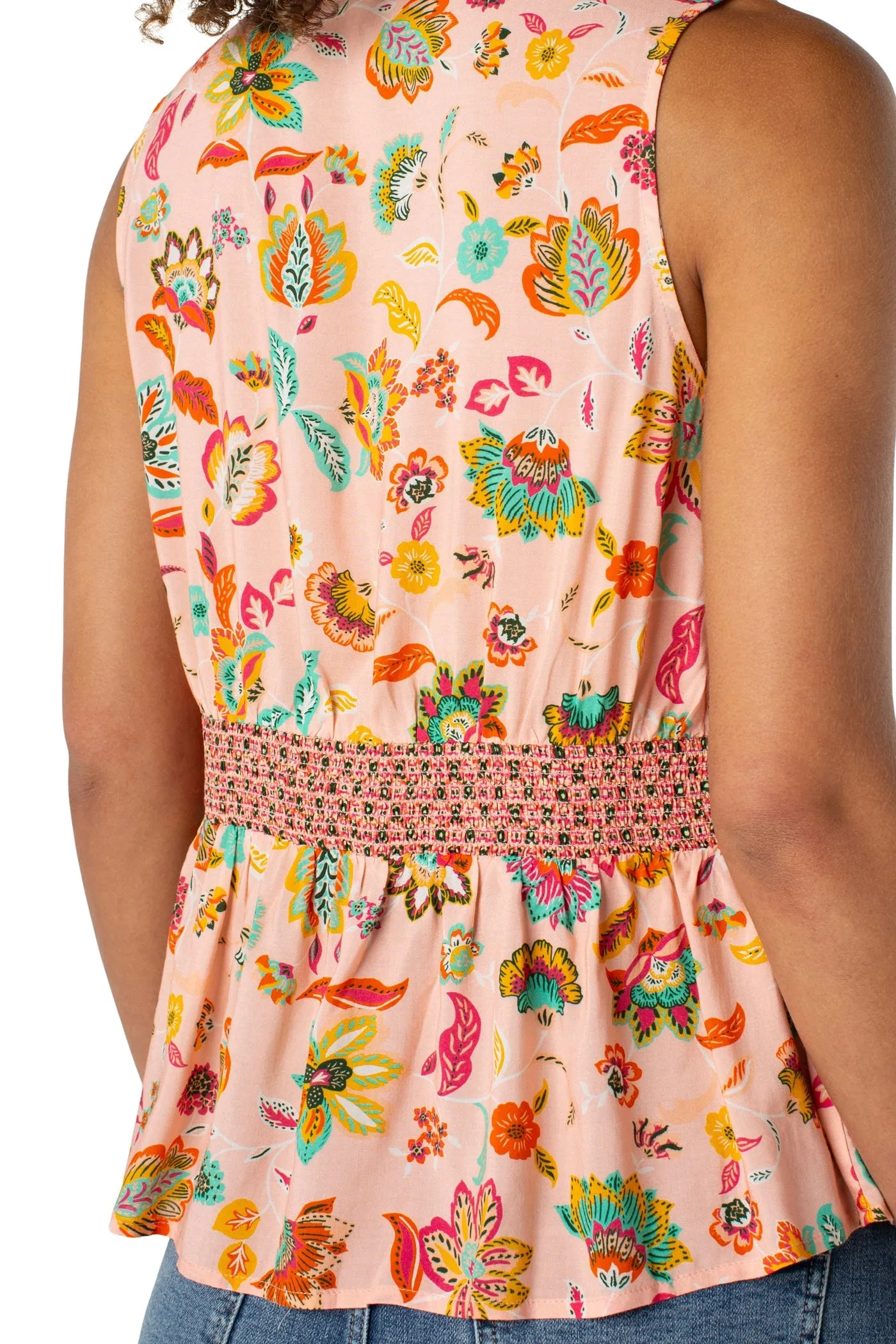 Casual Choice Trendy Casual Wear Sleeveless Woven Top with Smocked Waist | Pink/Green Multi Chill Style