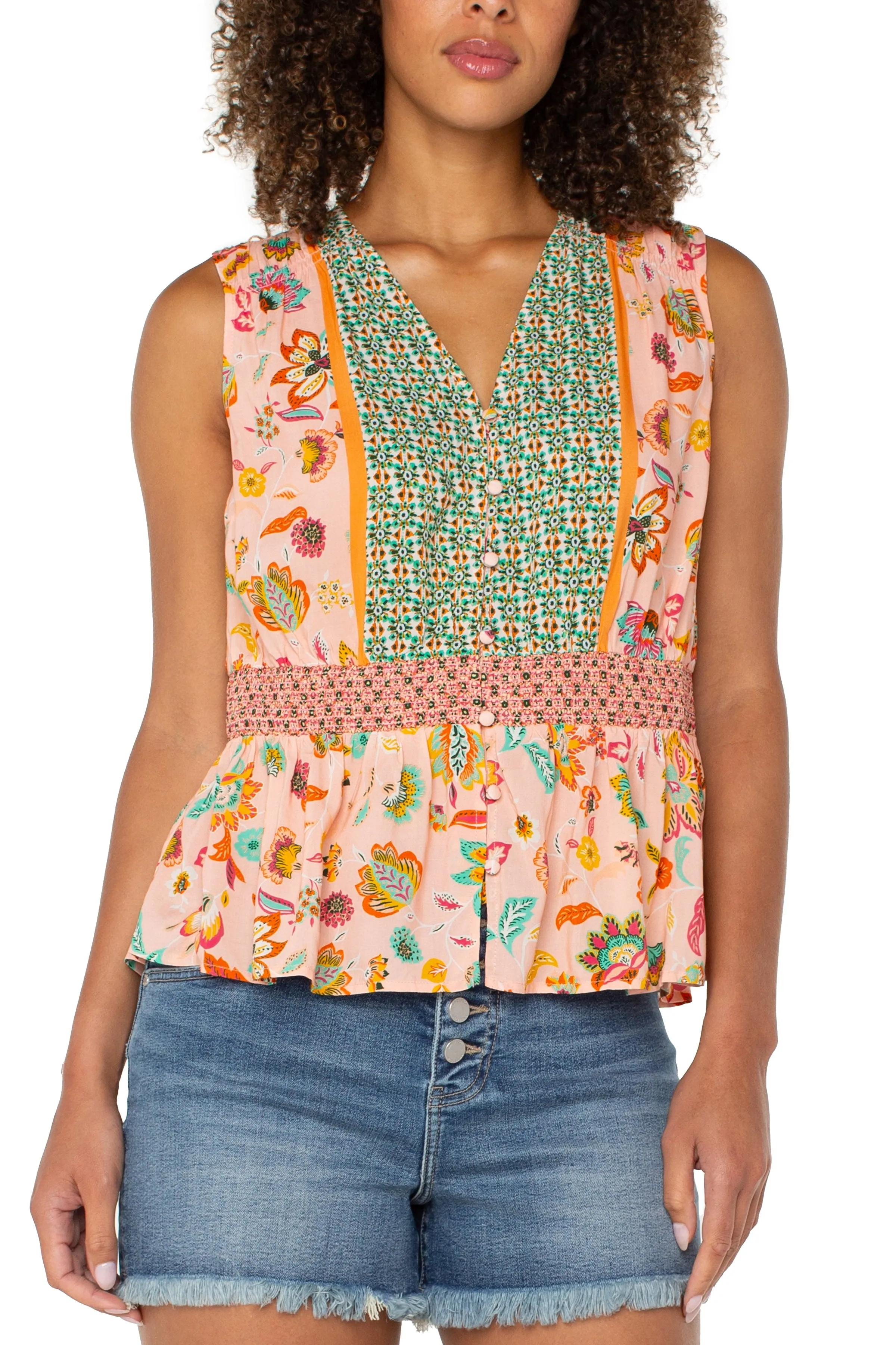 Durable Wear Sleeveless Woven Top with Smocked Waist | Pink/Green Multi Chill Style