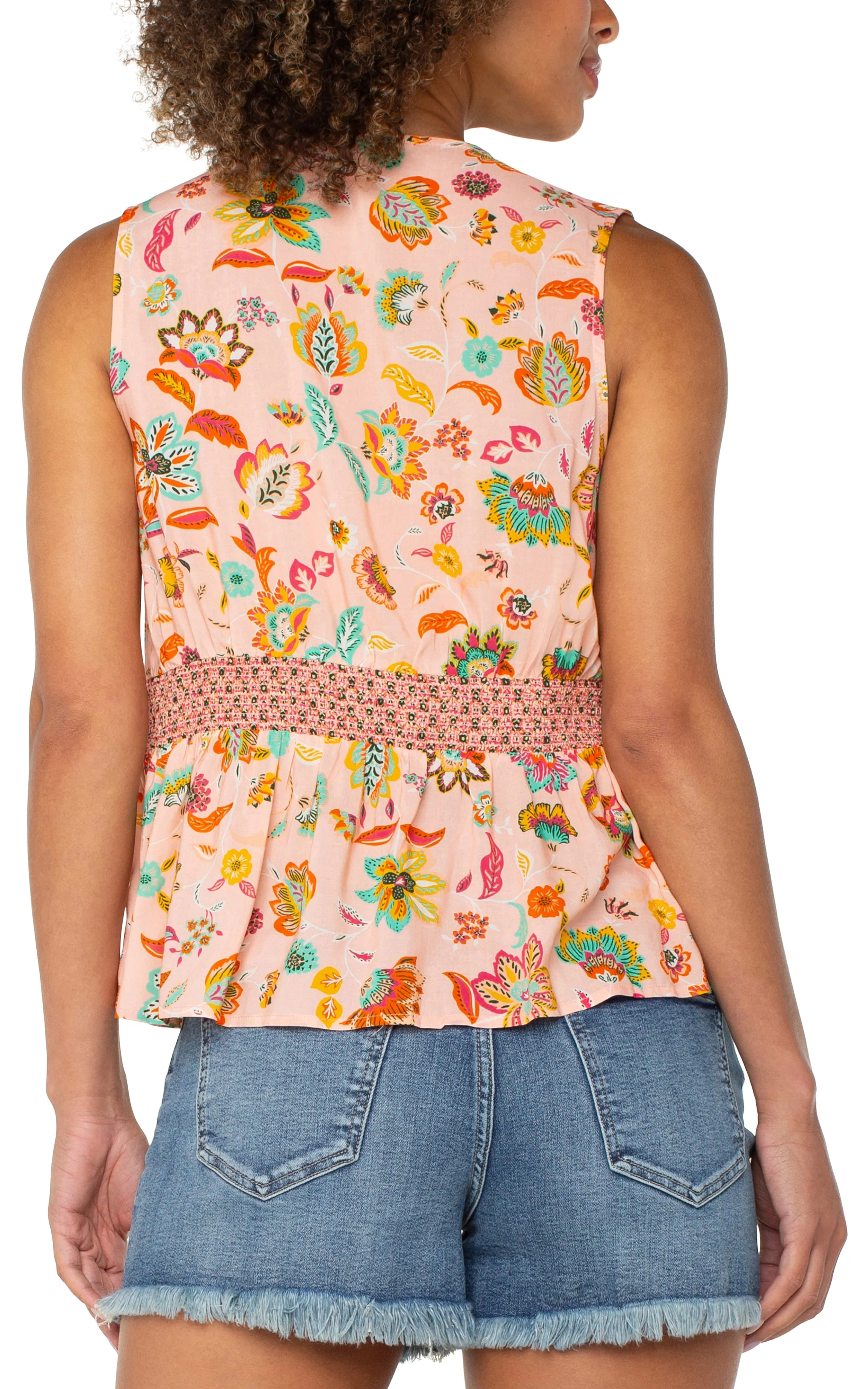 Urban Comfort Sleeveless Woven Top with Smocked Waist | Pink/Green Multi Chill Style