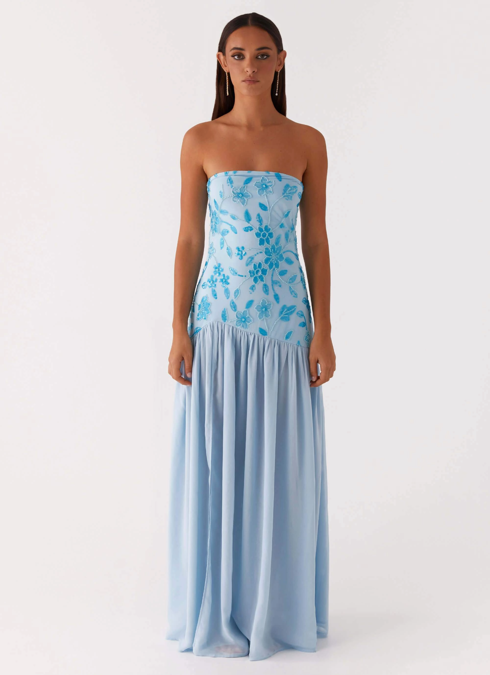 High Hemline Eden Strapless Beaded Maxi Dress - Blue