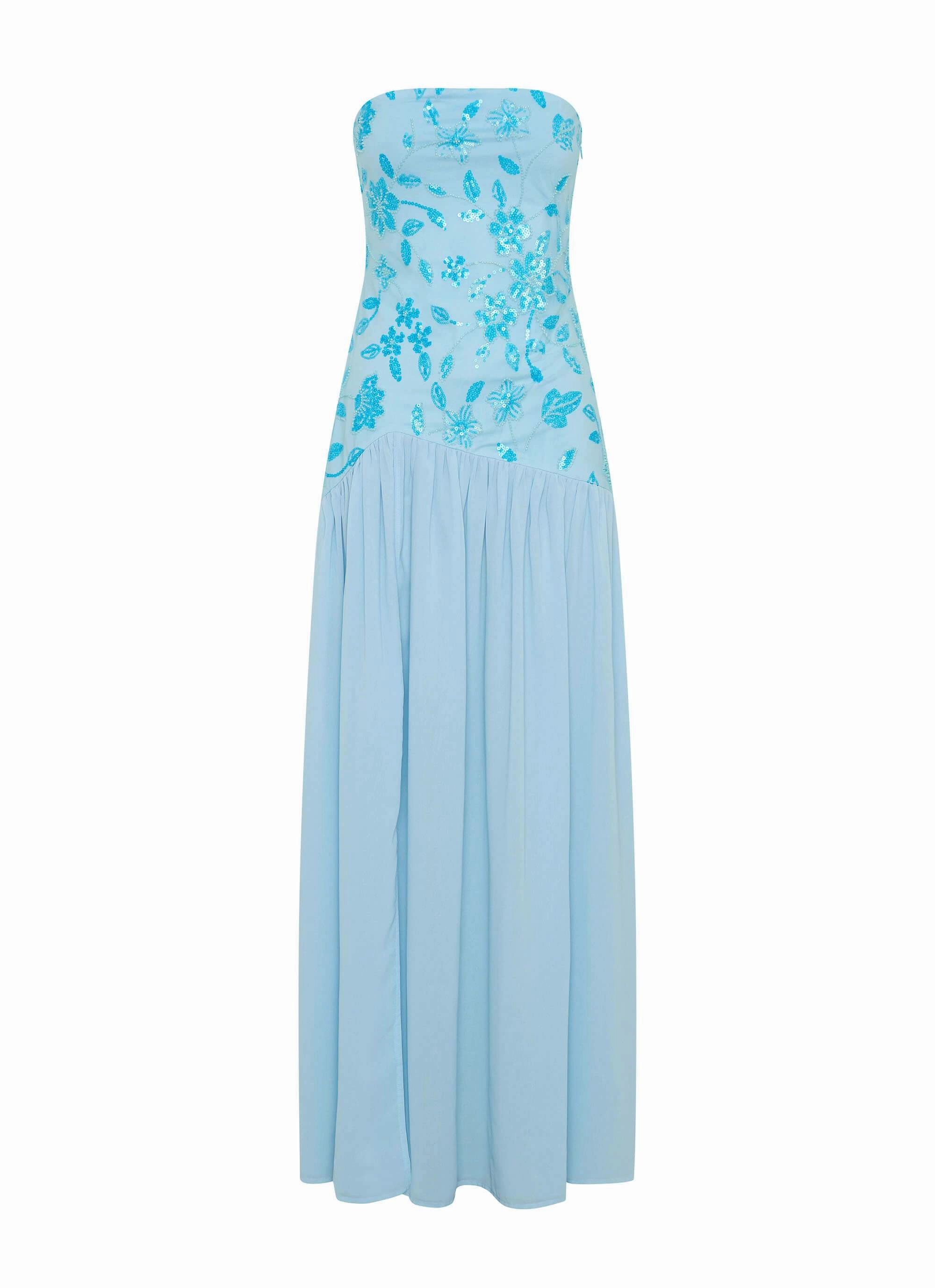 Eden Strapless Beaded Maxi Dress - Blue Shiny Zip Easy to Wear