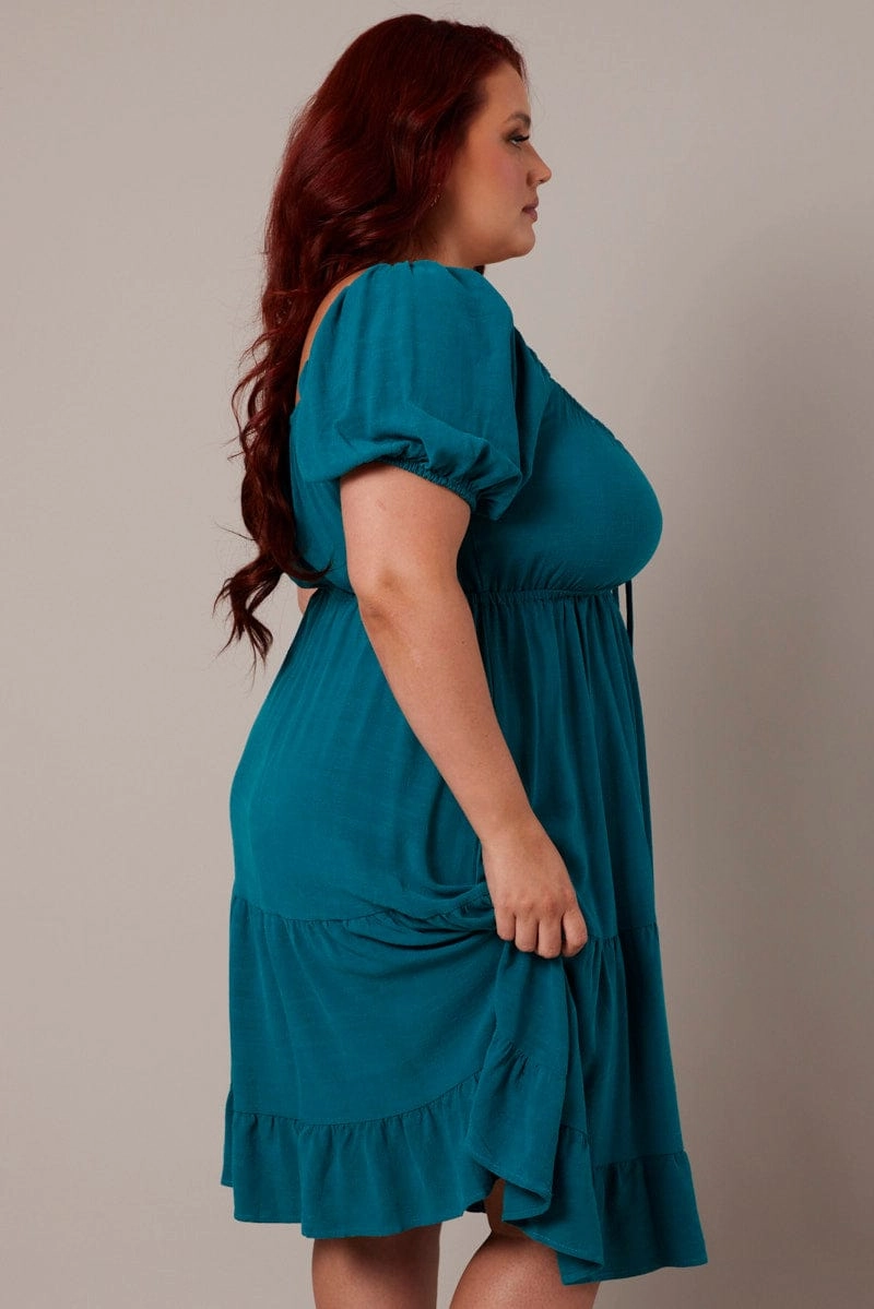 Green Mini Dress Linen Blend Puff Sleeve Sweetheart Neck Simple formal dress