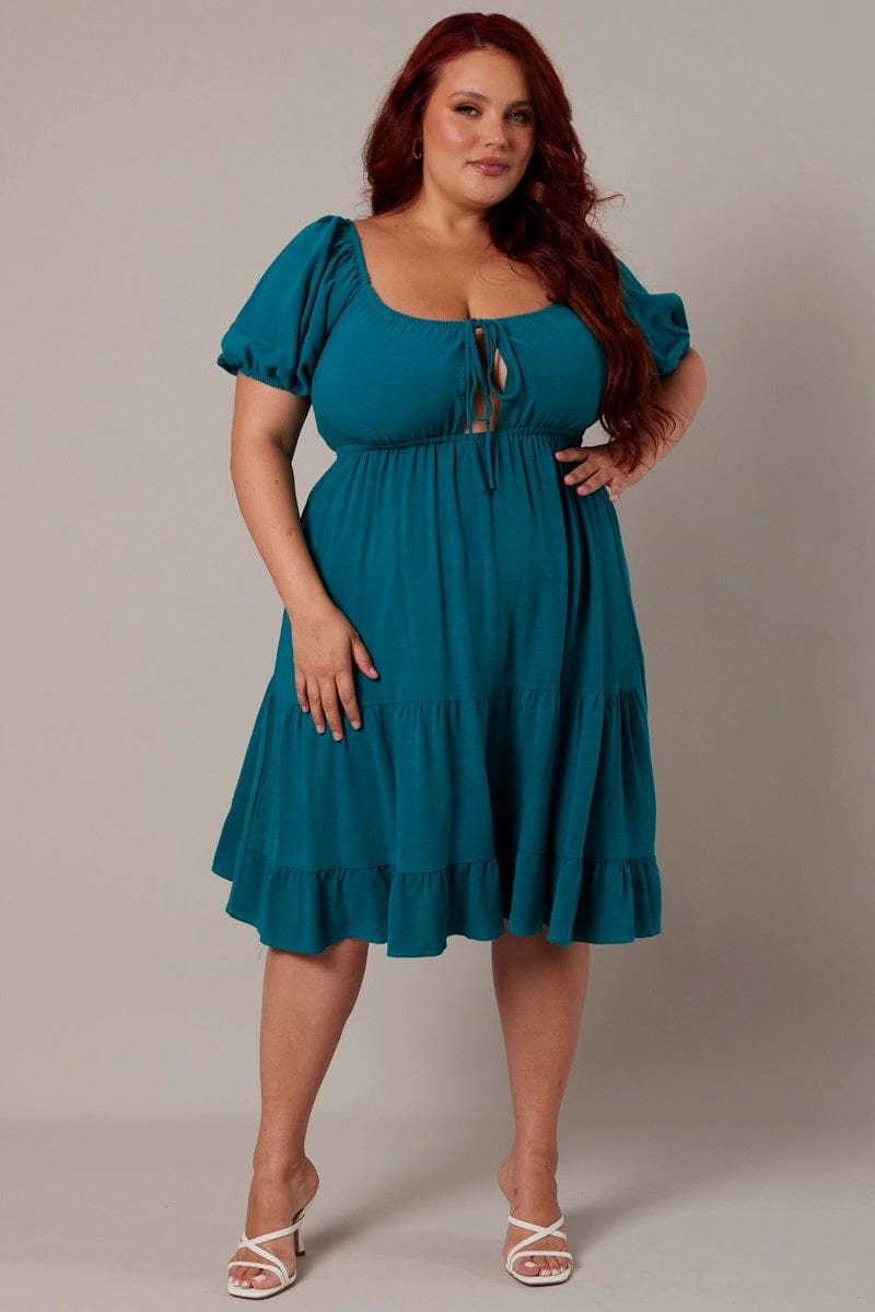 Green Mini Dress Linen Blend Puff Sleeve Sweetheart Neck Relax Draping Fashionable Layer