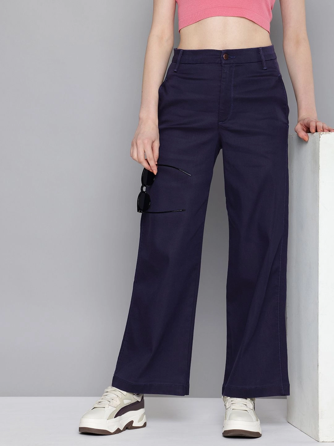 Women's Redloop Navy Blue Ribcage Bell Bottom Wide Leg Fit High Rise Jeans Modern Youth Style Party Look