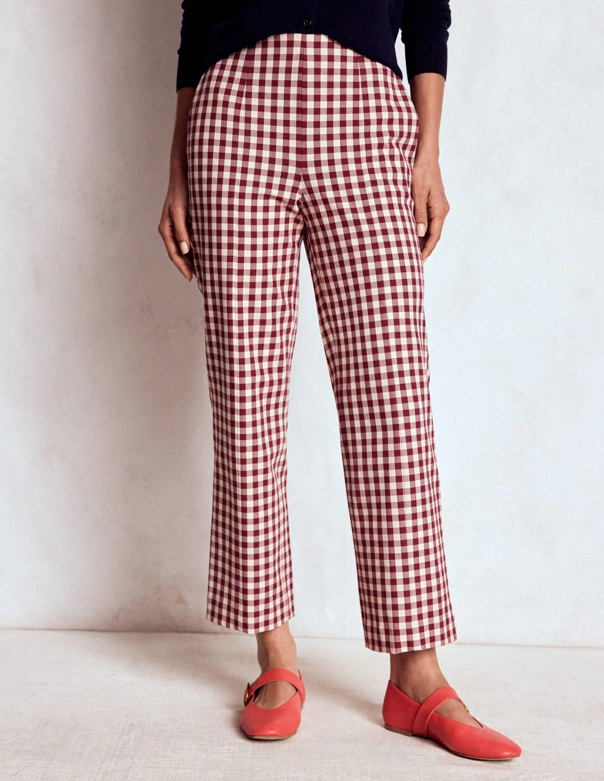 Smart 7/8 Trousers-Chestnut Gingham WrinkleFreeFinish Casual Chic Look