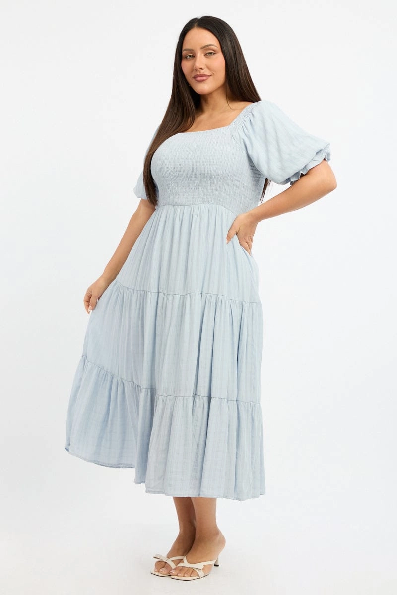 Comfortable Shape Elegant Charm Blue Midi Dress Short Sleeve Shirred