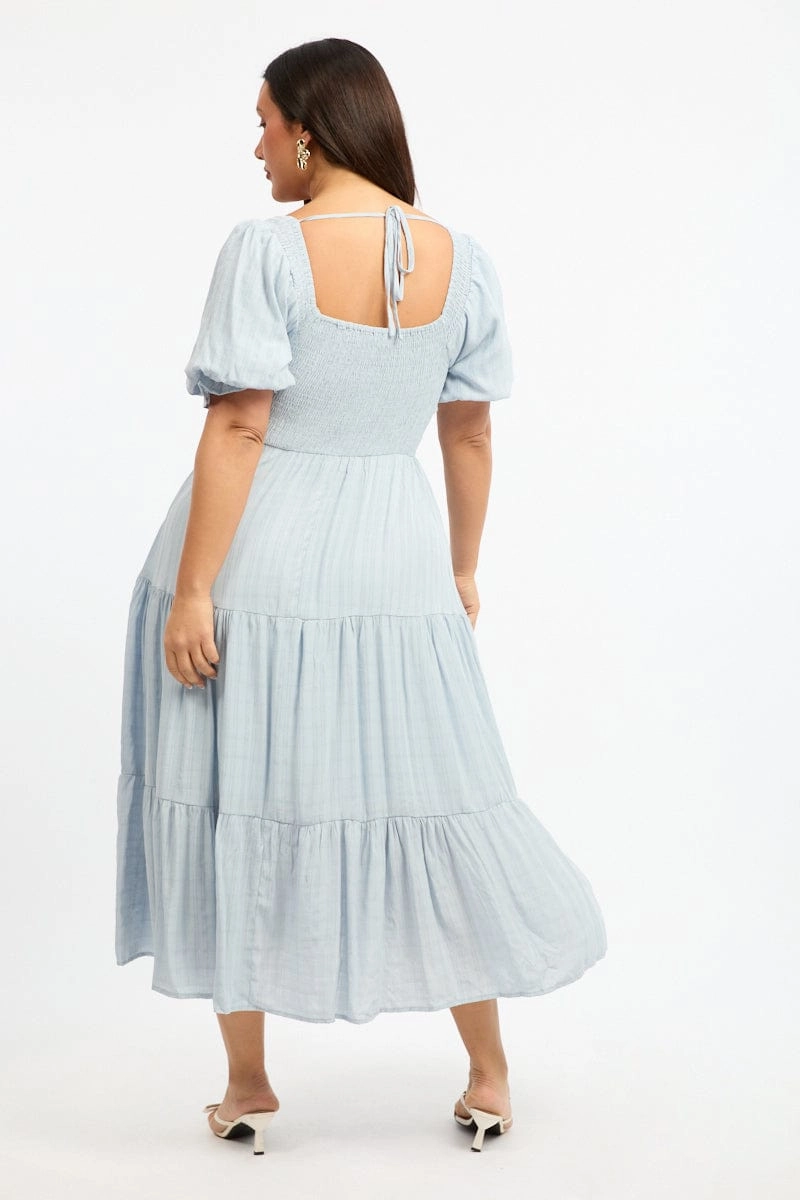 Blue Midi Dress Short Sleeve Shirred Classic Touch