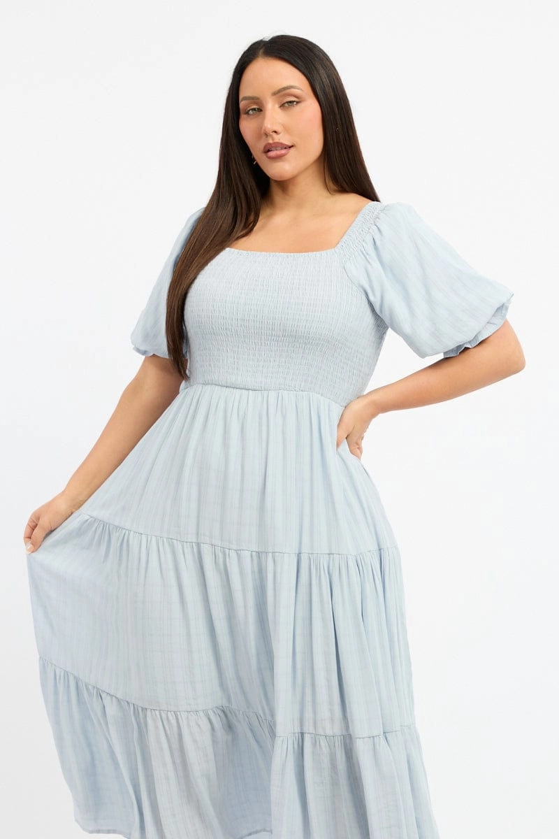 Stylish Mood Lawn Soft Blue Midi Dress Short Sleeve Shirred