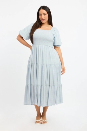 Urban Style Blue Midi Dress Short Sleeve Shirred