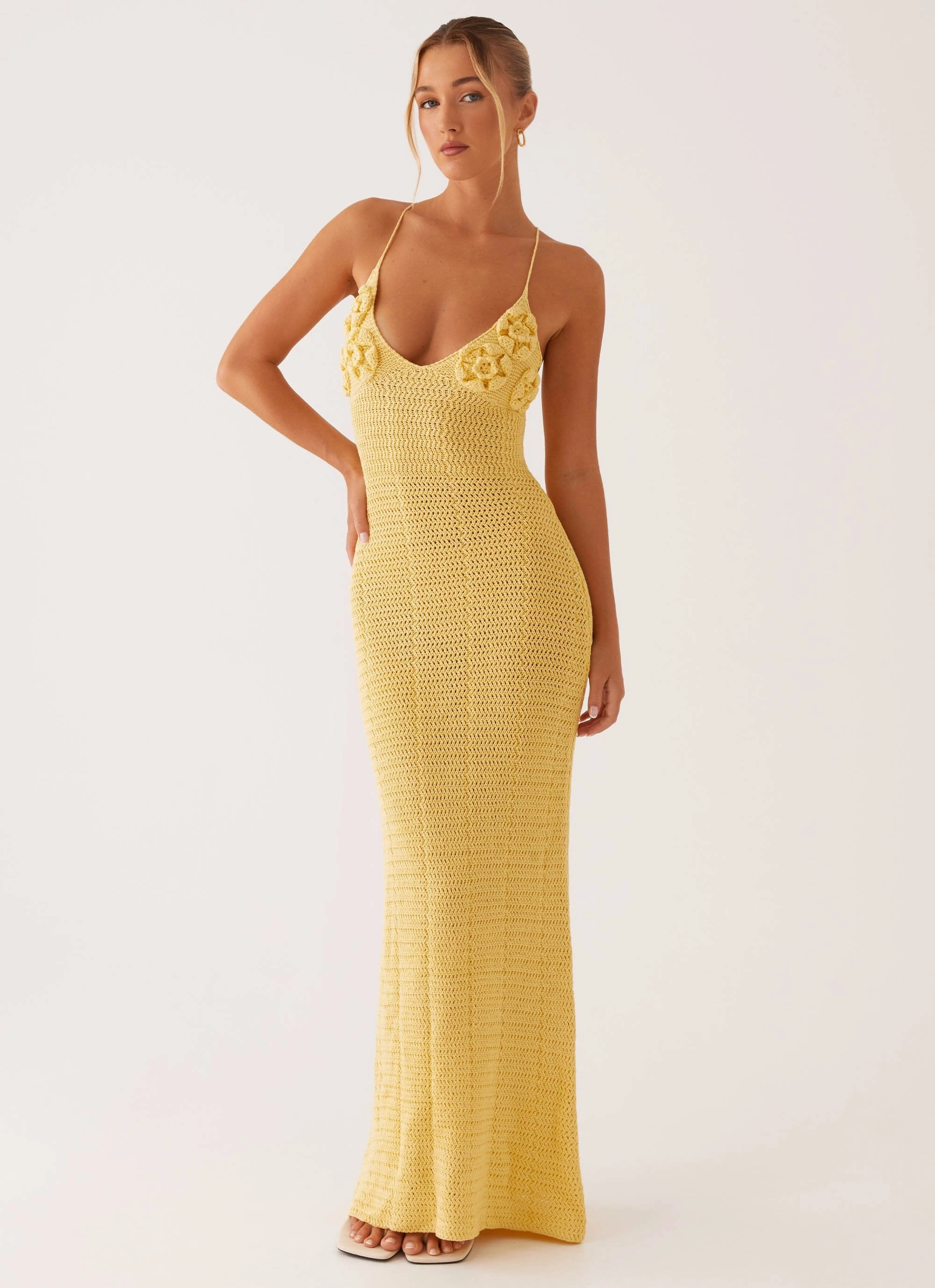 Zara Rose Crochet Maxi Dress - Yellow Flattering Waist Design Bow Glow
