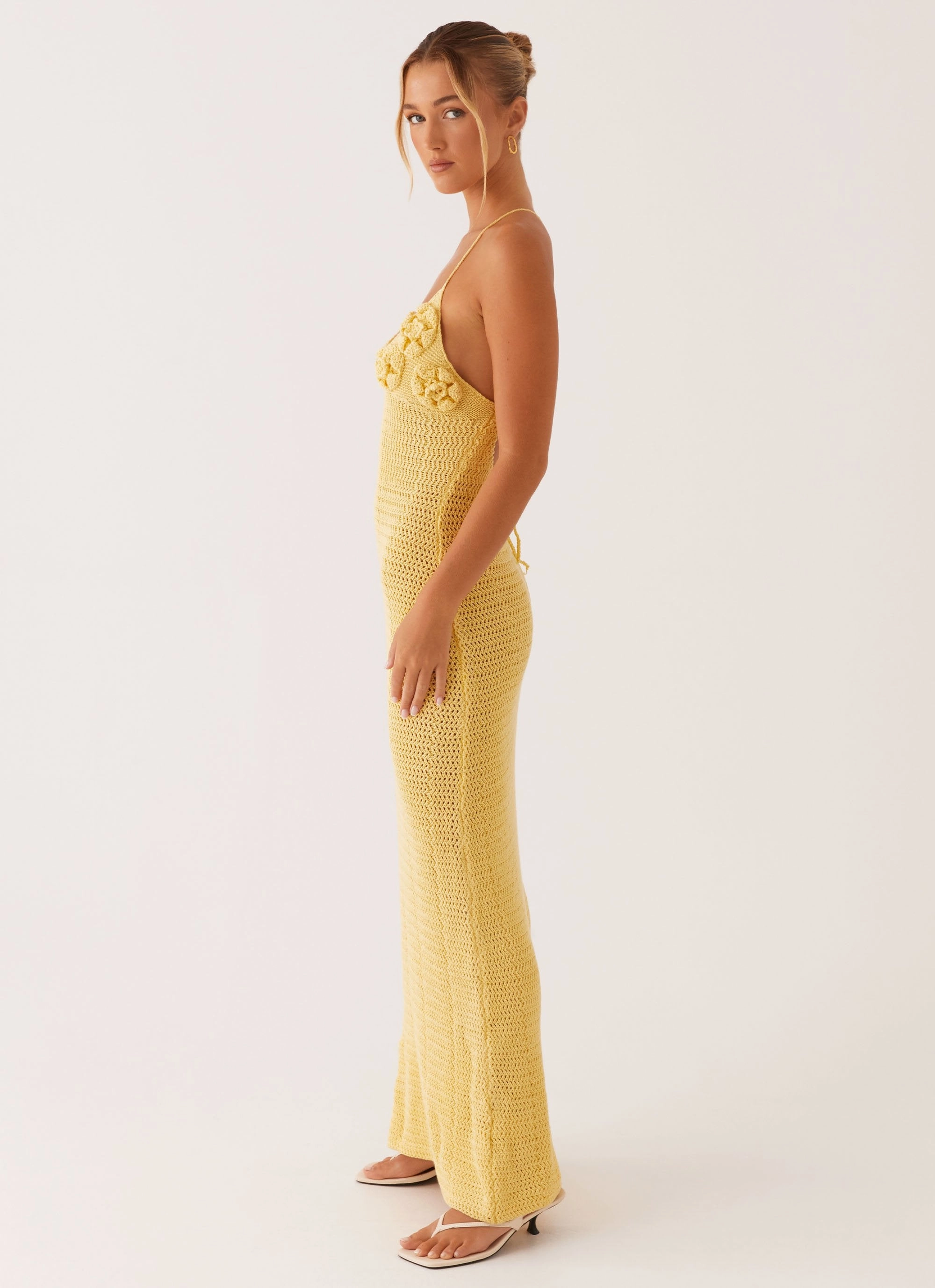 Calm Energy Light Finish Zara Rose Crochet Maxi Dress - Yellow