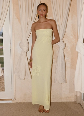 Stain-Resistant Texture Edge Sassafras Beaded Flower Strapless Maxi Dress - Yellow