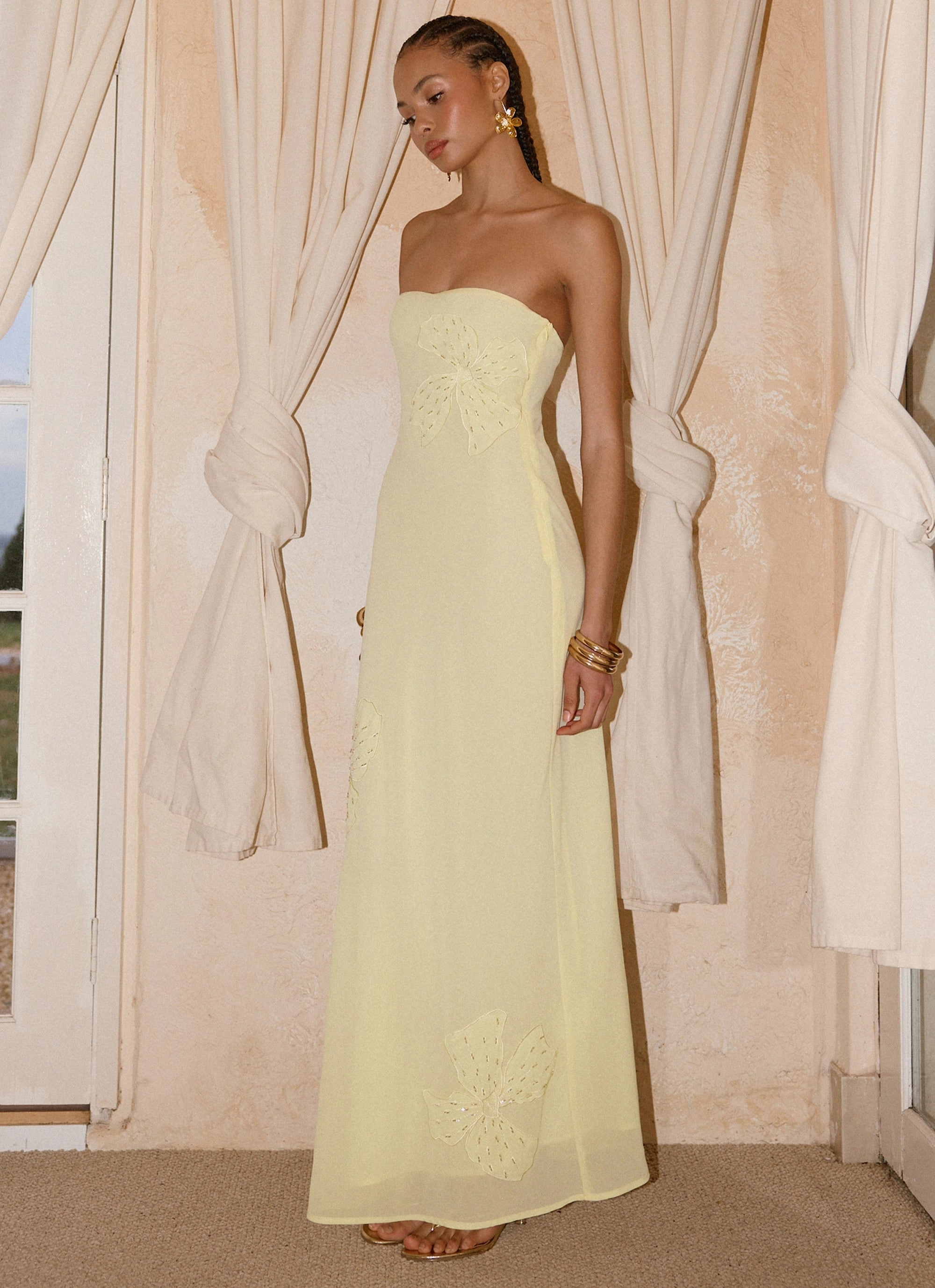 Evening Chic Sassafras Beaded Flower Strapless Maxi Dress - Yellow