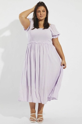 Light Volume Purple Midi Dress Short Sleeve Shirred