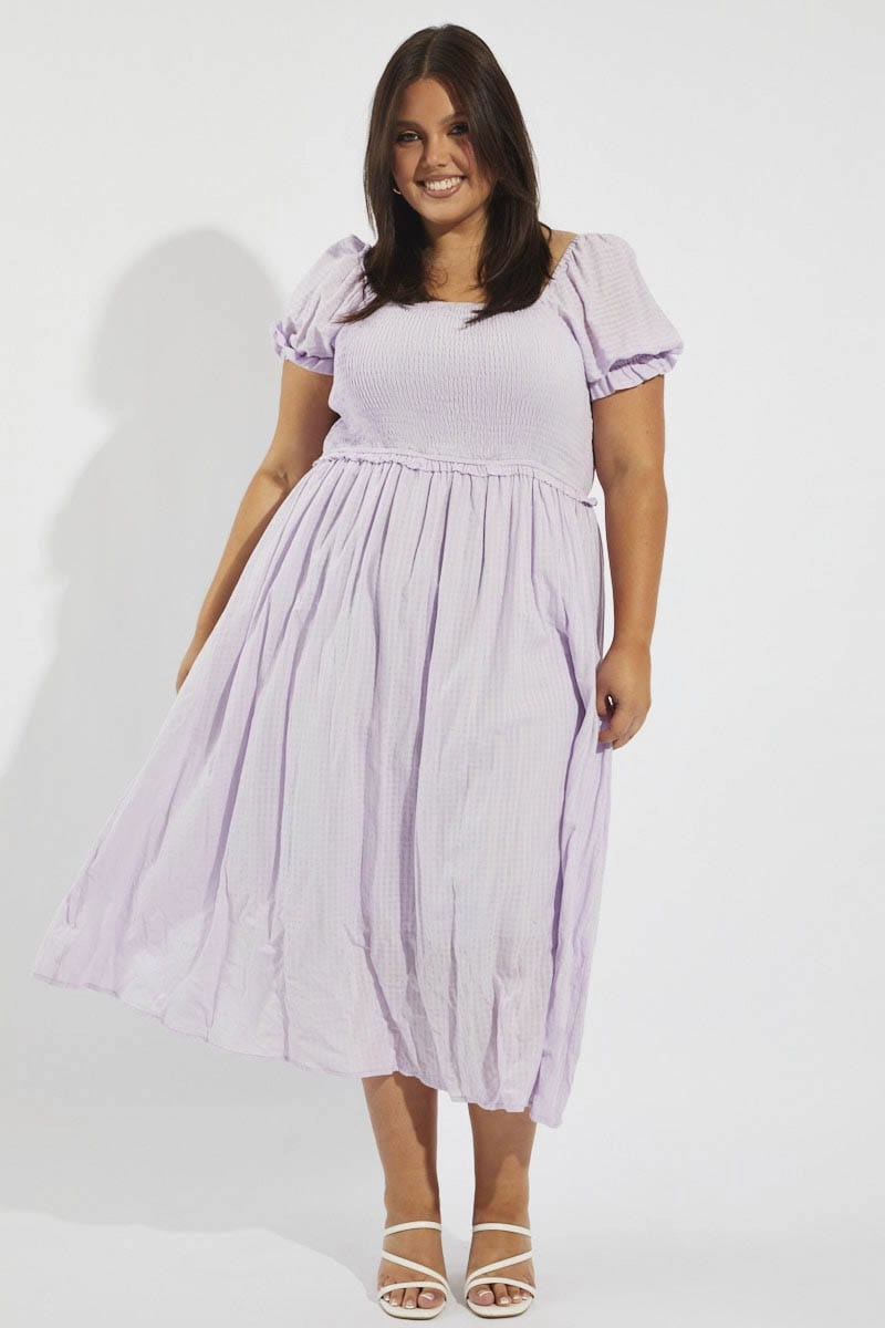 Effortless Mood Purple Midi Dress Short Sleeve Shirred