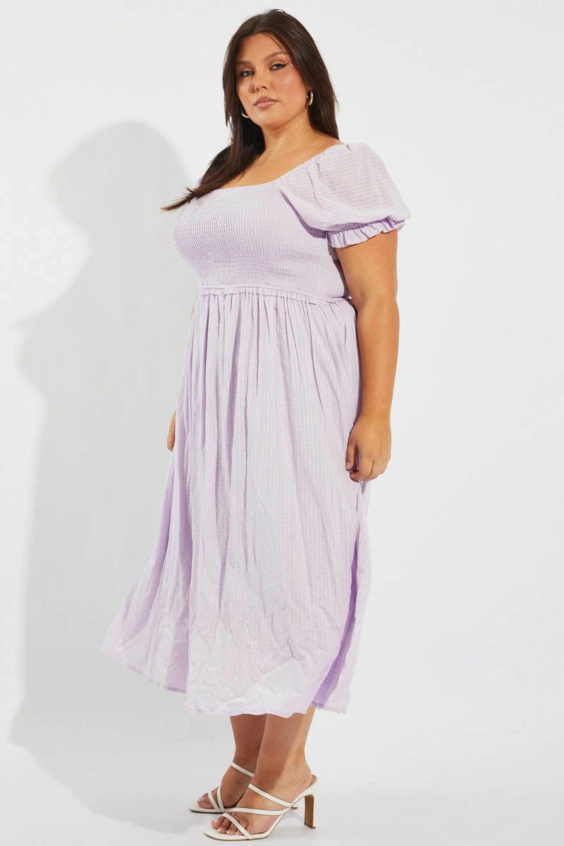 Perfect Cut Playful touch Purple Midi Dress Short Sleeve Shirred